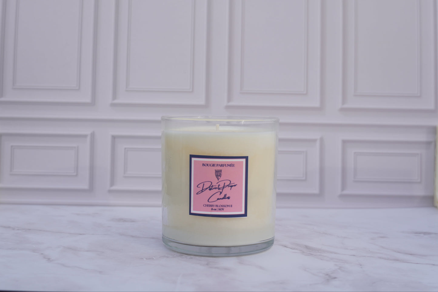 Soy candle in clear glass jar. Cherry Blossom II luxury soy candle. Smells like  japanese cherry blossom floral fragrance and sugar.