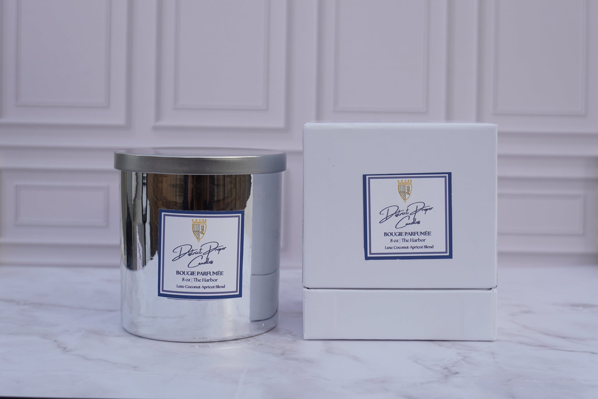 Candle in silver holder. The Harbor luxury candle in silver vessel. Smells like ocean breeze, citrus, and fresh scent or fragrance.